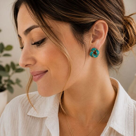 Unknown Jewelry - Vintage Teal Enamel Gold Tone Twisted Knot Circle Post Earrings Statement Retro